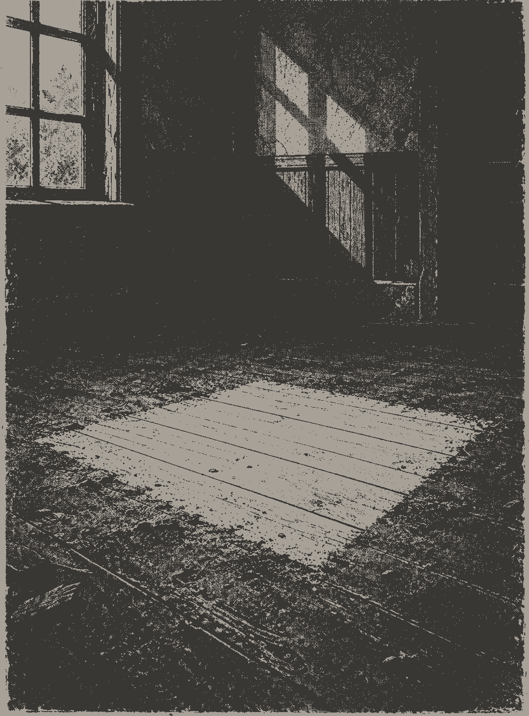 The rectangle of clean floor where the tray used to sit